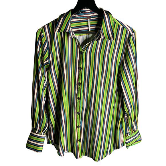 Free People Striped Button Down Shirt Green Multi Size S - Picture 1 of 3